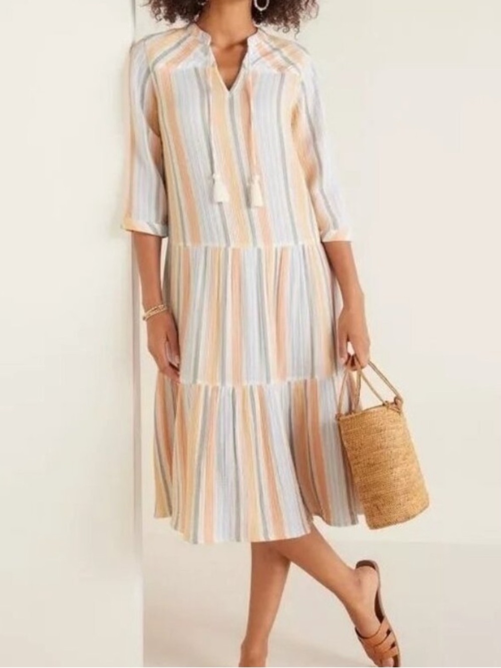 Soft Surroundings Laguna Gauze Dress Size Petite Medium Boho Striped Tiered